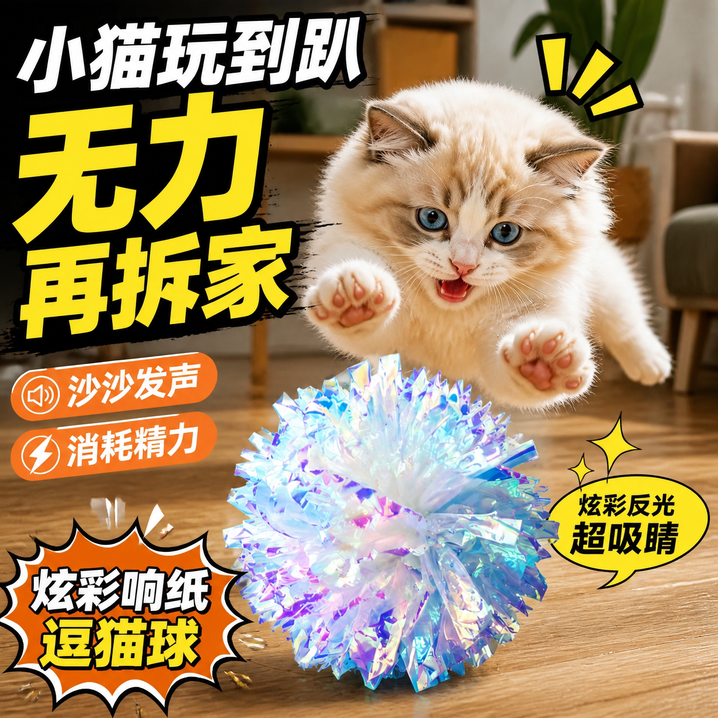 彩色响纸球逗猫棒耐咬磨牙解闷