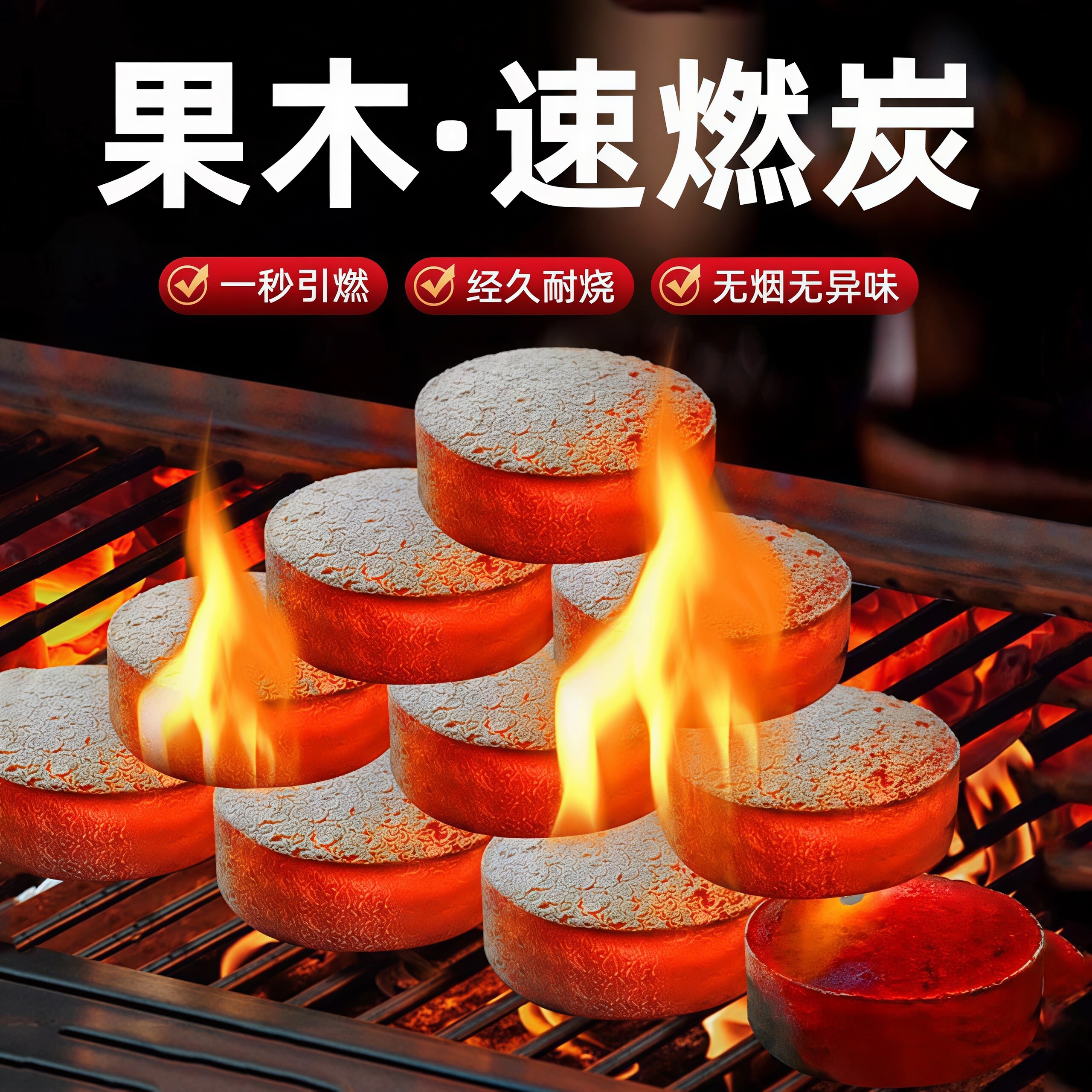 速燃果木炭烧烤碳木炭无烟烤火