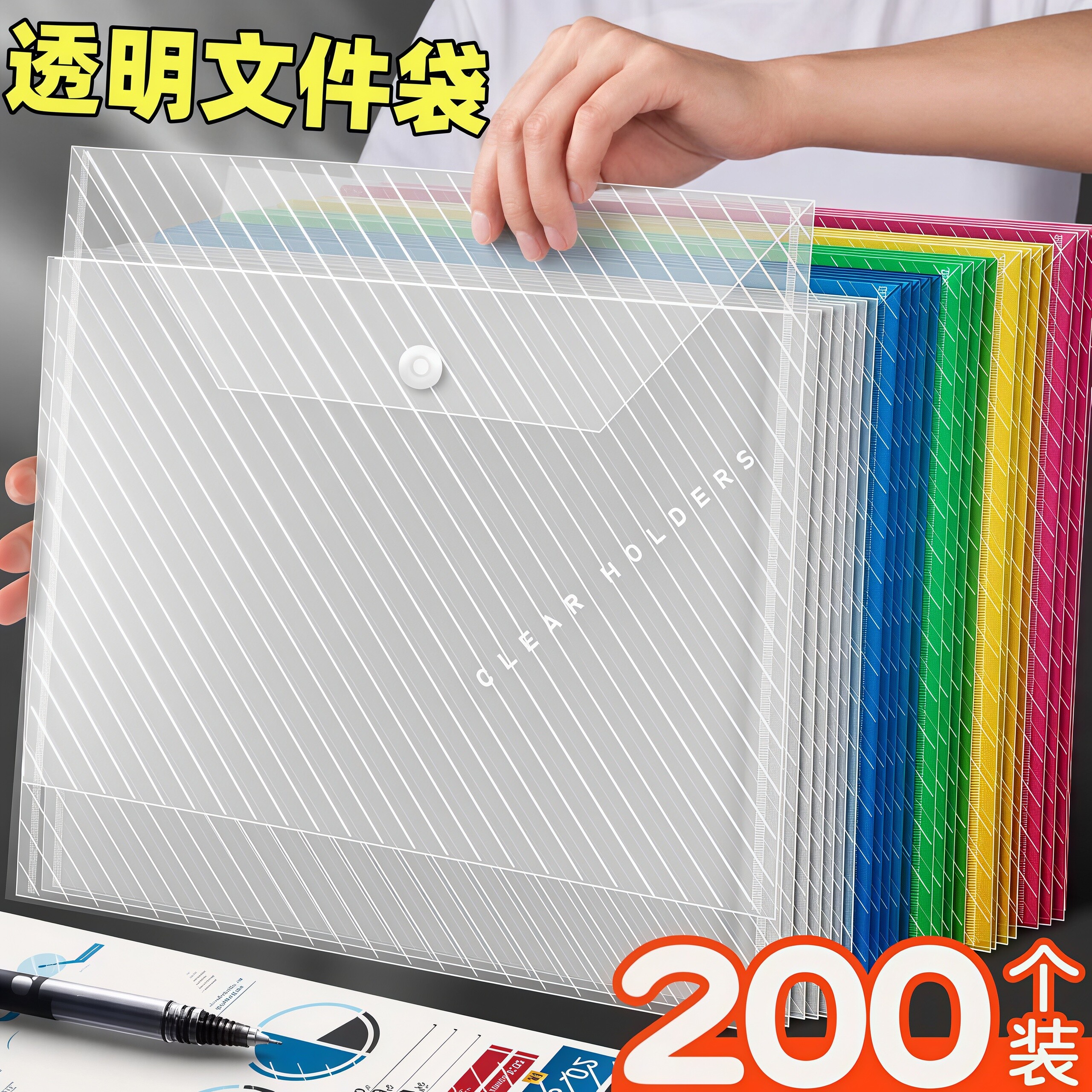 加厚A4文件袋斜纹透明按扣袋资料