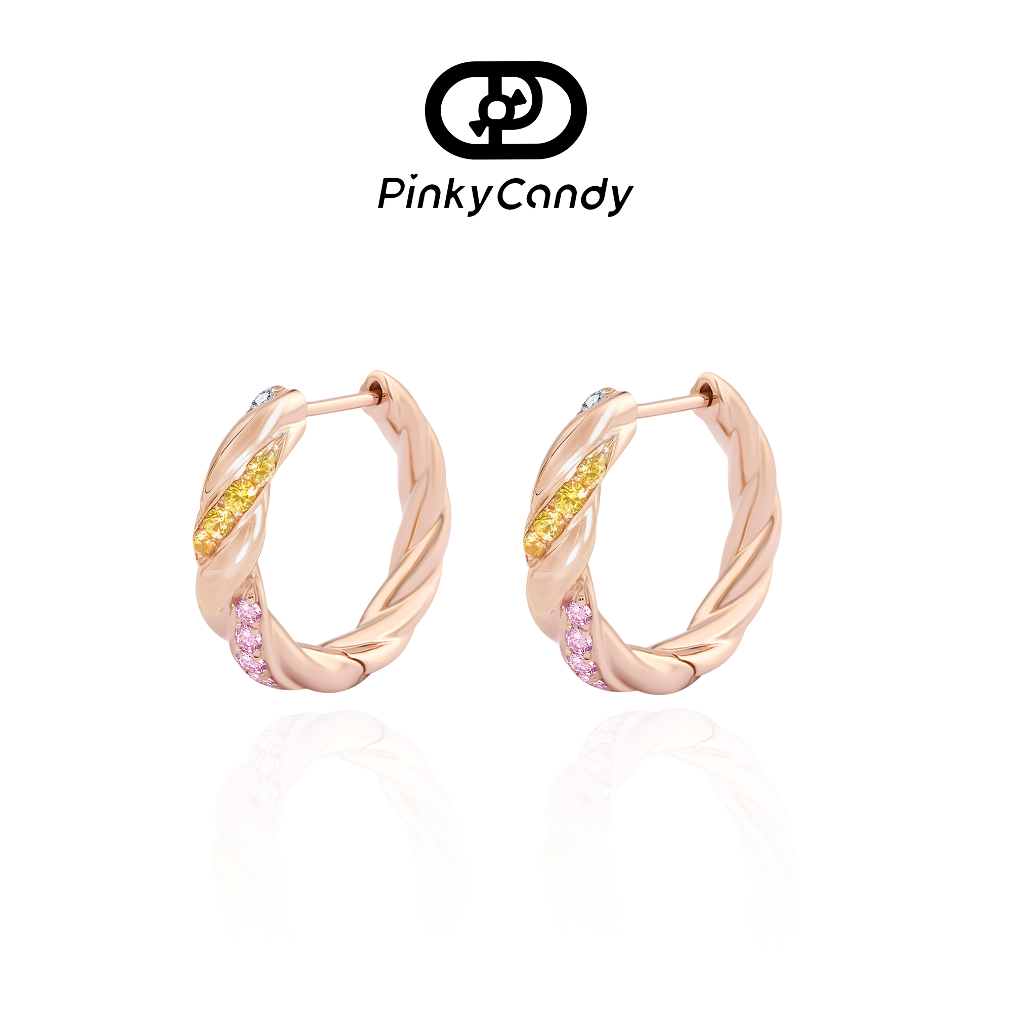 三色慕斯耳环·18K玫瑰金真钻彩色蓝宝石高级精致耳圈千金风扭纹