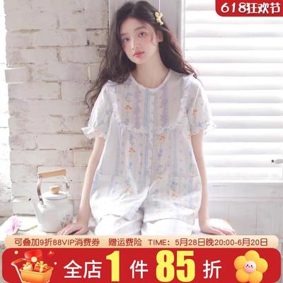 夏季女士睡衣纯棉布料100全棉甜美花边短袖长裤棉纱薄款家居服