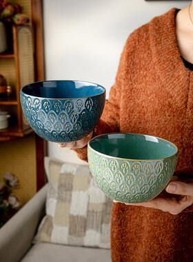 芦苇〖24.99两个〗漂亮螺纹孔雀浮雕大号饭碗加厚陶瓷米饭碗汤碗