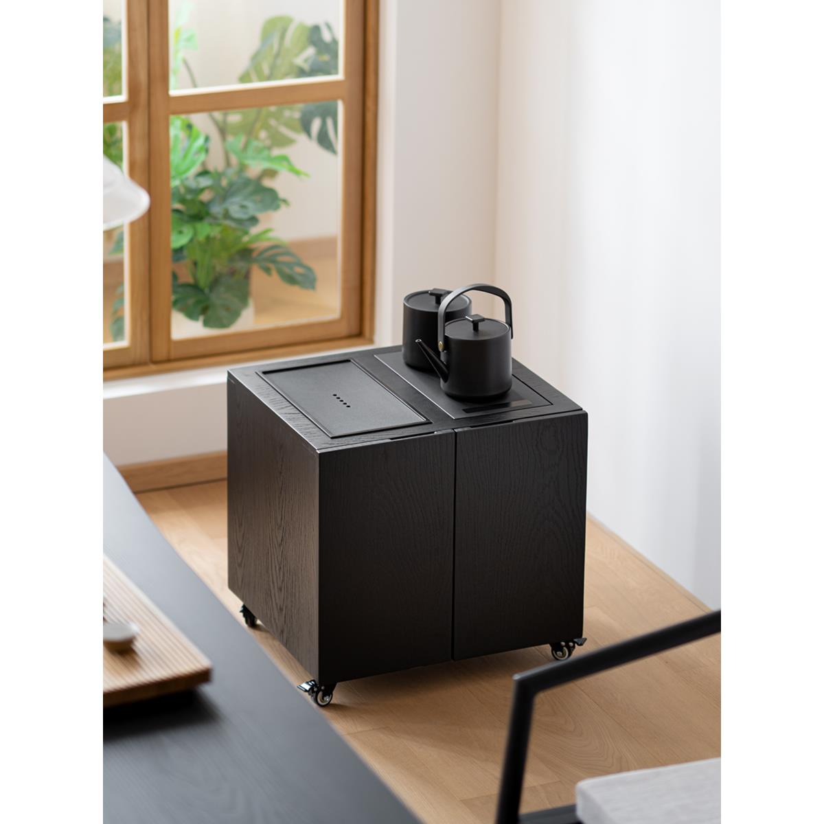 北方白蜡木短茶柜Wabi-Sabi风格实木边桌活动茶边柜自动供水小茶