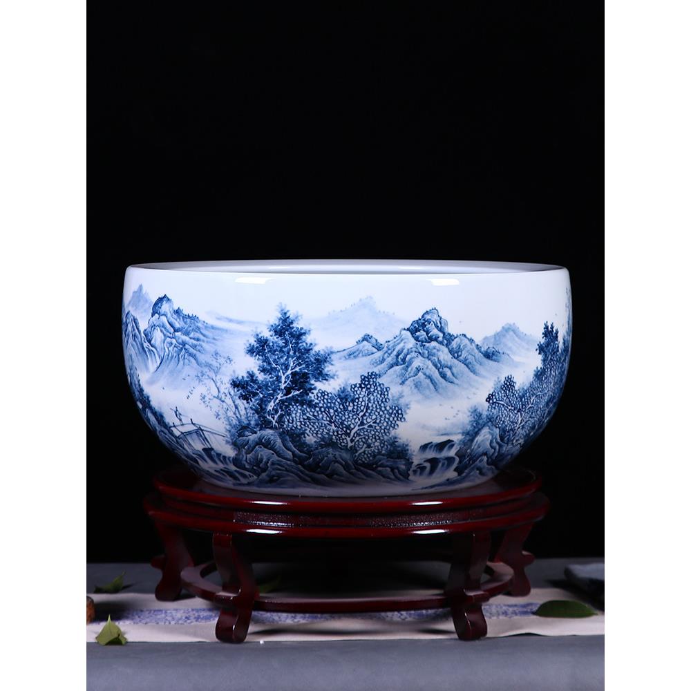 景德镇名师手绘陶瓷金鱼缸蓝白山水基客厅莲花睡莲盆风水摆件