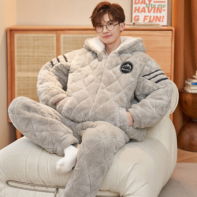 珊瑚绒夹棉睡衣男款冬季三层加厚加绒冬天男士可外穿冬款家居服男