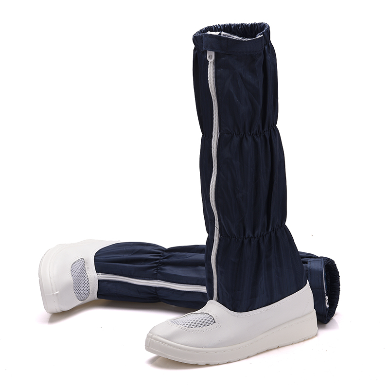 PU加厚软底防静电长筒靴开网透气款男女高筒靴无尘靴防尘鞋蓝白色