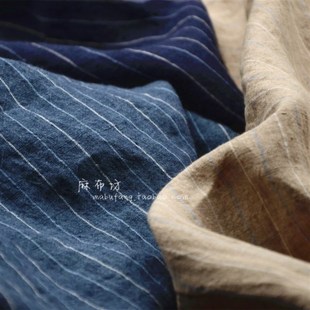 装 布料肌理强透气 高端定制色织条纹亚麻面料砂洗中厚K夏裤 春秋季
