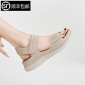 女夏软底魔术贴脚宽肥奶奶鞋 超轻可下水厚底一字带妈妈v鞋 凉鞋 大