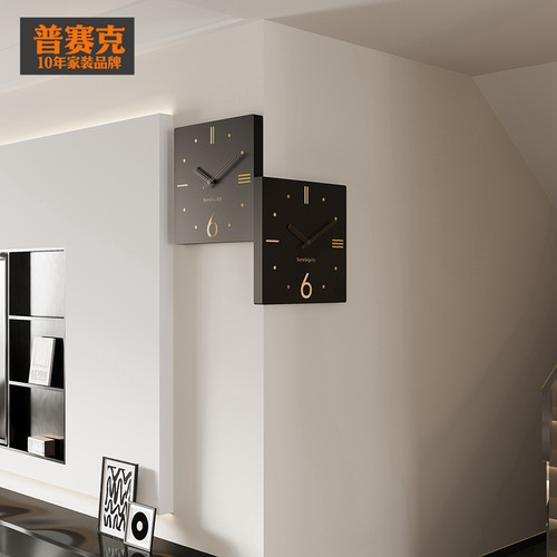 简约现代转角挂钟双面阳角钟表家用客厅拐角挂墙2024新款静音时钟