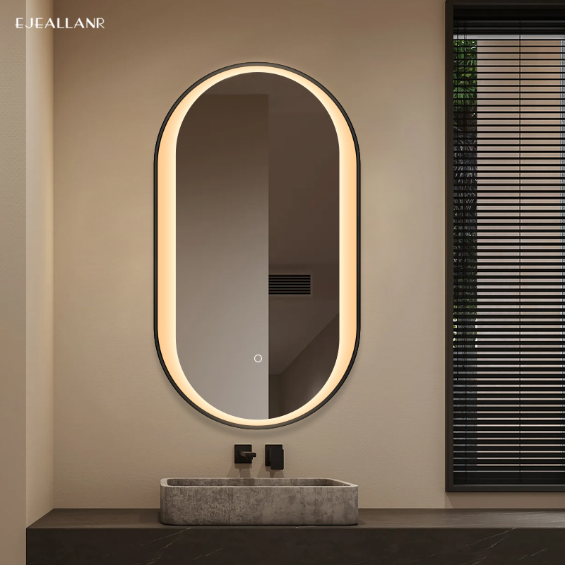 椭圆形镜子壁挂带框洗手间化妆室洗面台洗脸镜led智能浴室镜带灯