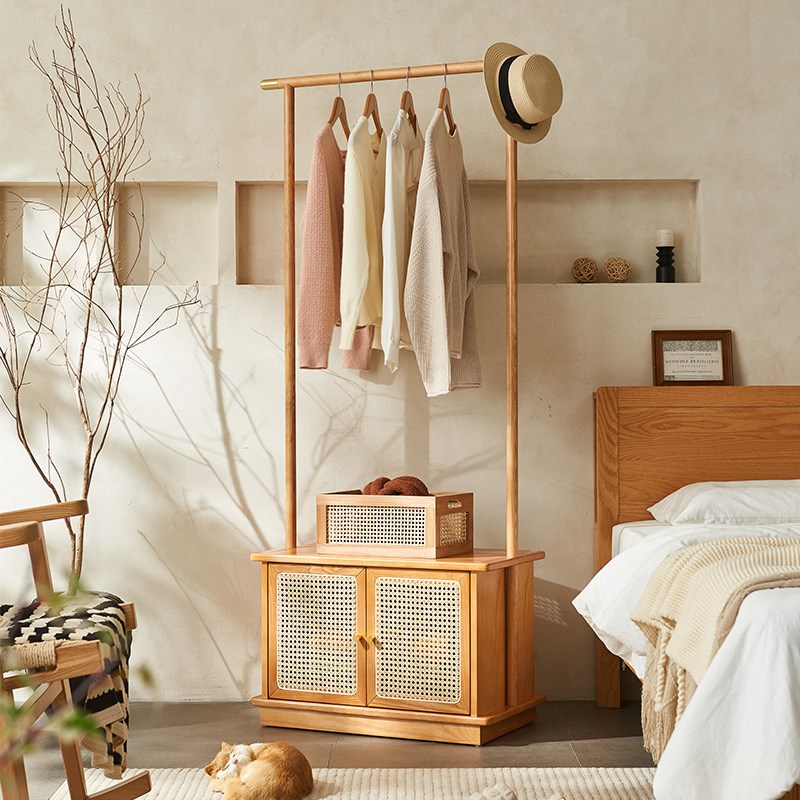 中古藤编实木挂衣架落地卧室床头储物柜侘寂风多功能换鞋凳衣帽架