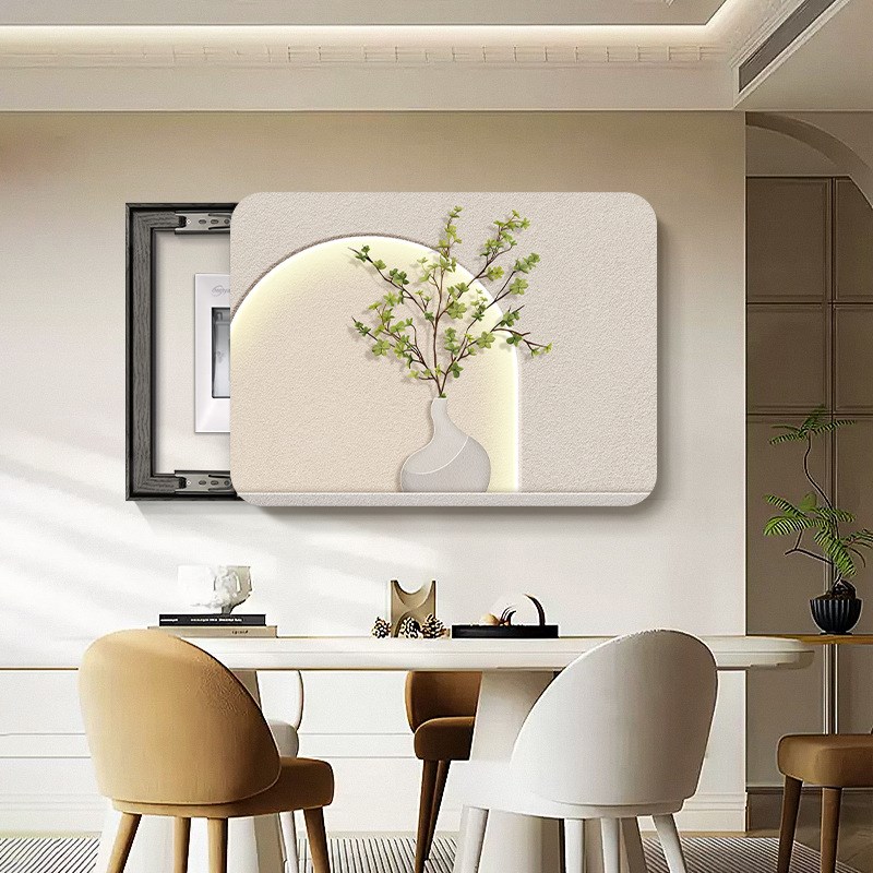 奶油风电表箱装饰画绿植免打孔餐厅遮挡挂画高级感配电箱推拉壁画