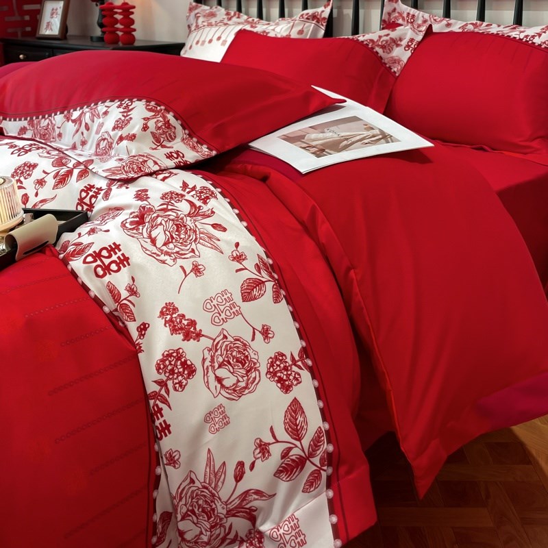 中式喜字结婚四件套大红色新婚床单被套纯棉婚庆床上用品婚房陪嫁