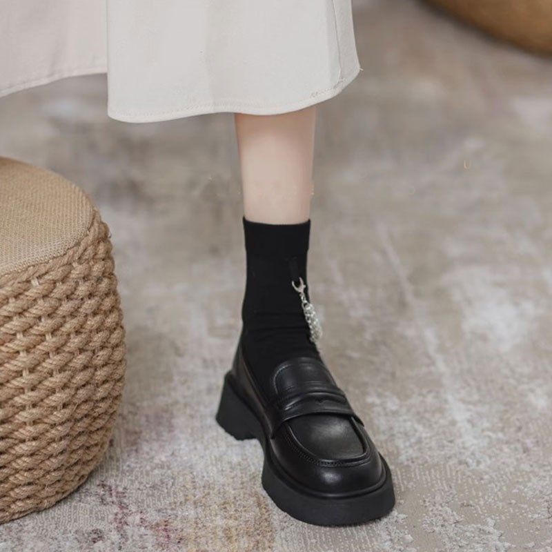 福鞋女2小24新款乐春秋17401季厚底0英伦风皮鞋一脚蹬黑色平底工