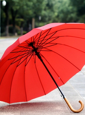 大红色16骨伞晴雨两用伞长柄伞自动太阳伞抗风设计实木手柄广告伞
