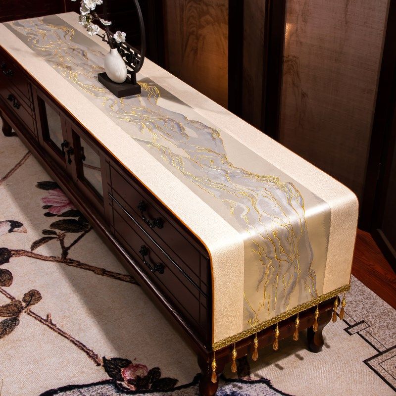 新中式电视机柜盖布茶几垫布布艺餐桌装饰布长条防尘桌布定制