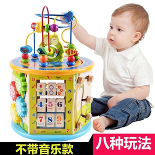 2歲3寶寶玩 iv兒童大繞珠串珠多功能嬰幼兒木制八面體百寶箱0