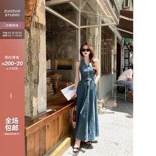 复古性感挂脖v领牛仔连衣裙女夏季 佐佐家小个子 气质收腰显瘦长裙