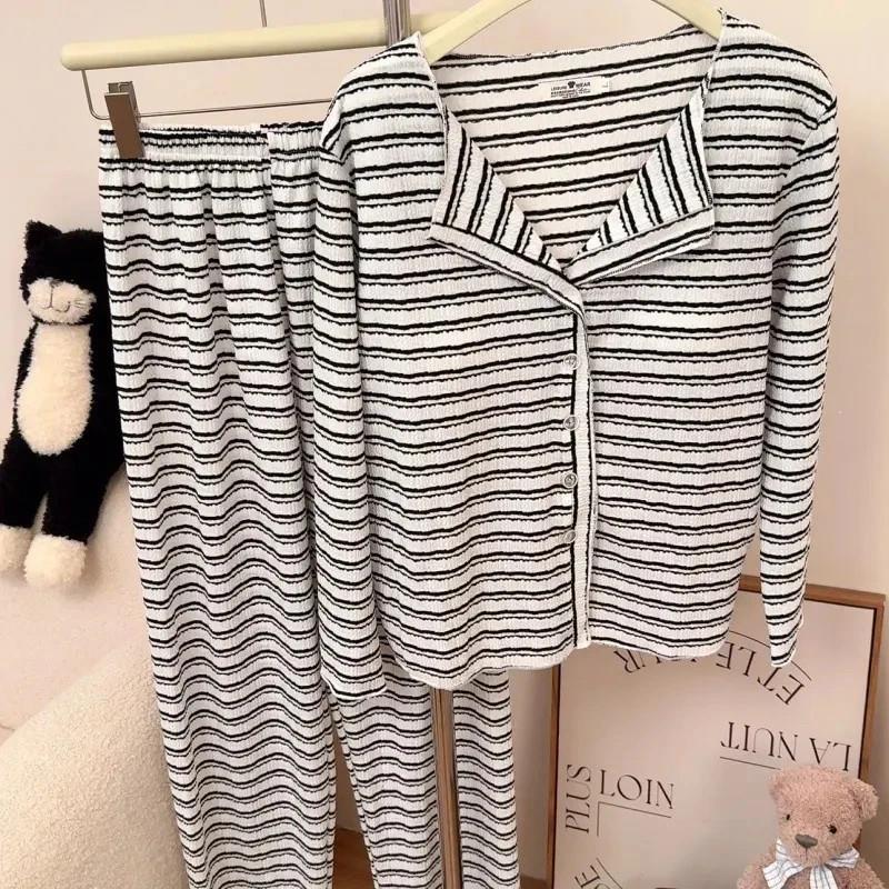 Domi多米时尚小屋D春秋季睡衣女条纹带胸垫开衫长袖长裤家居服套