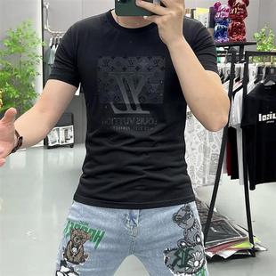 师凯服饰夏季 Z圆g领男士 丝光棉烫钻显瘦男士 潮牌T恤日奢U风短袖