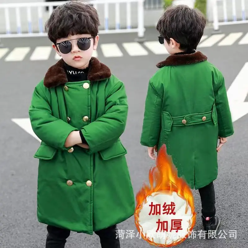 东北少儿军绿大衣加棉加厚长款冬季保暖防寒棉服男女童军大衣外套