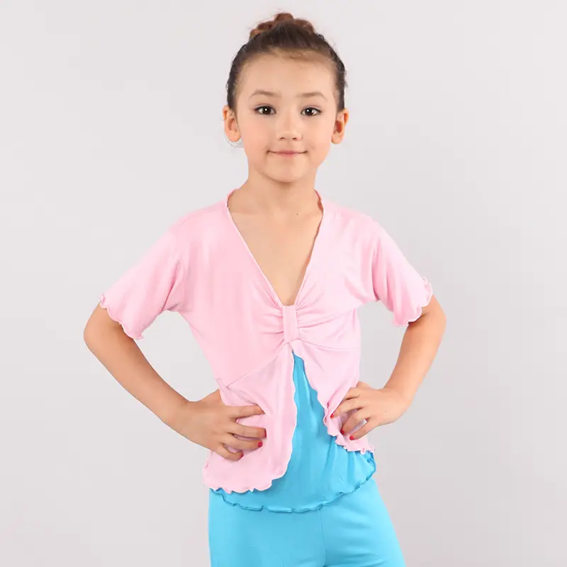 红舞鞋儿童女丝光棉前抽褶拼色训练短袖假二件练功舞蹈服 SG2035