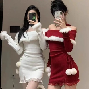 网红在逃公主服套装纯欲风辣妹一字肩毛毛连衣裙生日小礼裙女冬季