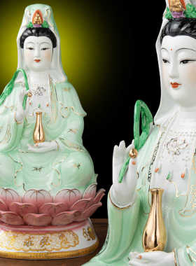 绿衣观音菩萨摆件娘佛像陶