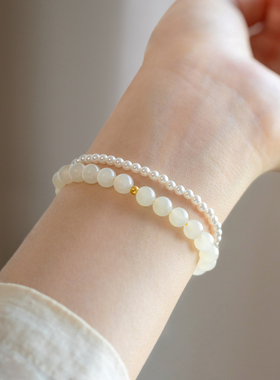 秋月无边丨天然和田玉蜂蜜水 6mm圆珠简约时尚浅糖初恋色温柔百撘