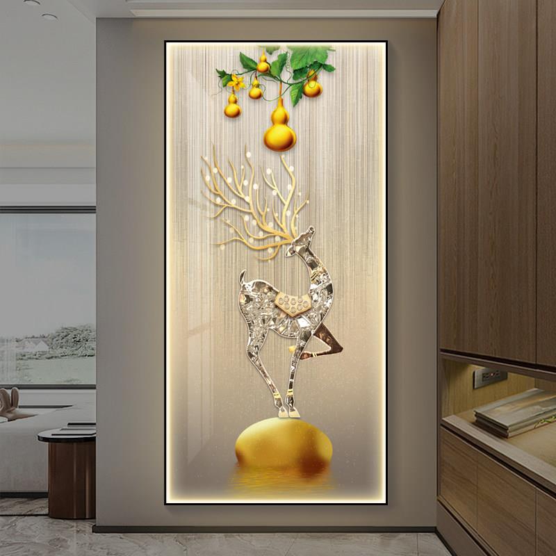 现代轻奢入户玄关装饰画招财麋鹿LED灯画走廊过道发光竖版挂画