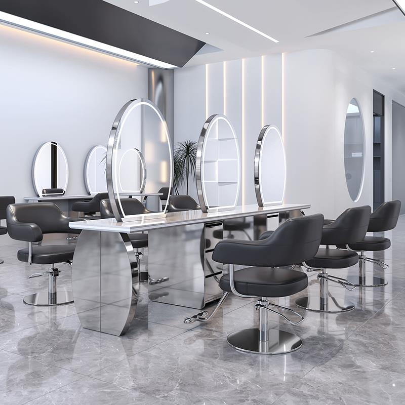 网红美发店镜子发廊专用时尚理发镜台大理石带柜一体式剪发烫染桌