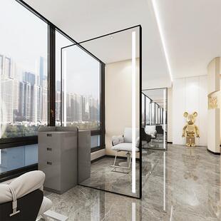 理髲店镜子柜子一体发廊专用美发店网红烫染镜台双面落地带灯椭圆