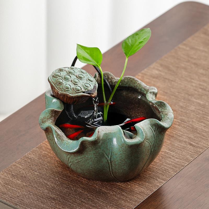 莲花陶瓷小鱼缸流水摆件自循环水车风水轮办公室茶台水培装饰水景