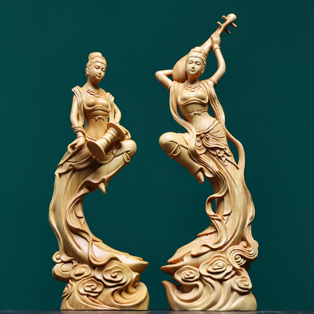 小叶黄杨木雕敦煌飞天仕女中式实木雕刻手工艺品美女摆件古典装饰