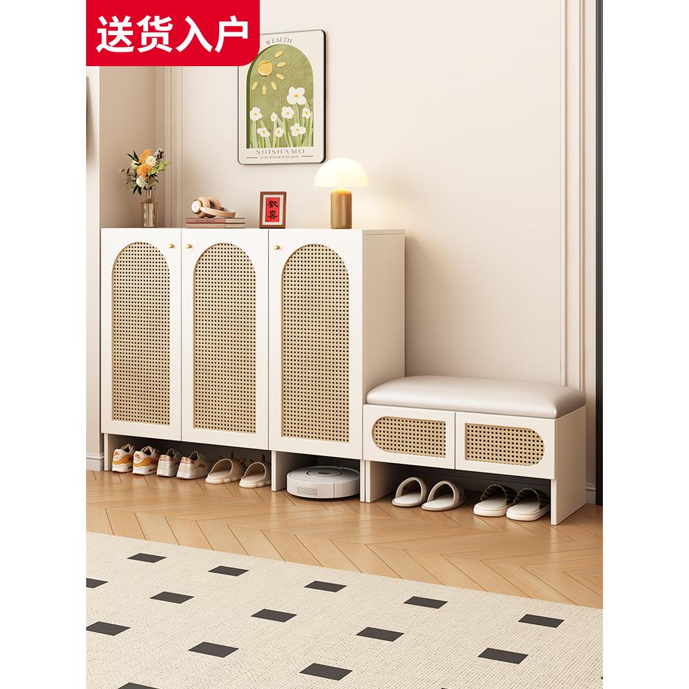 鞋柜家用门口带换鞋凳一体靠墙入户中古风2025新款覆古藤编玄关柜
