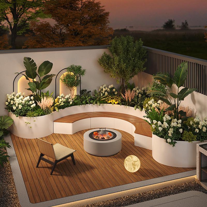 户外庭院不锈钢花箱坐凳组合露台铁艺弧形花槽座椅种植箱成品定制