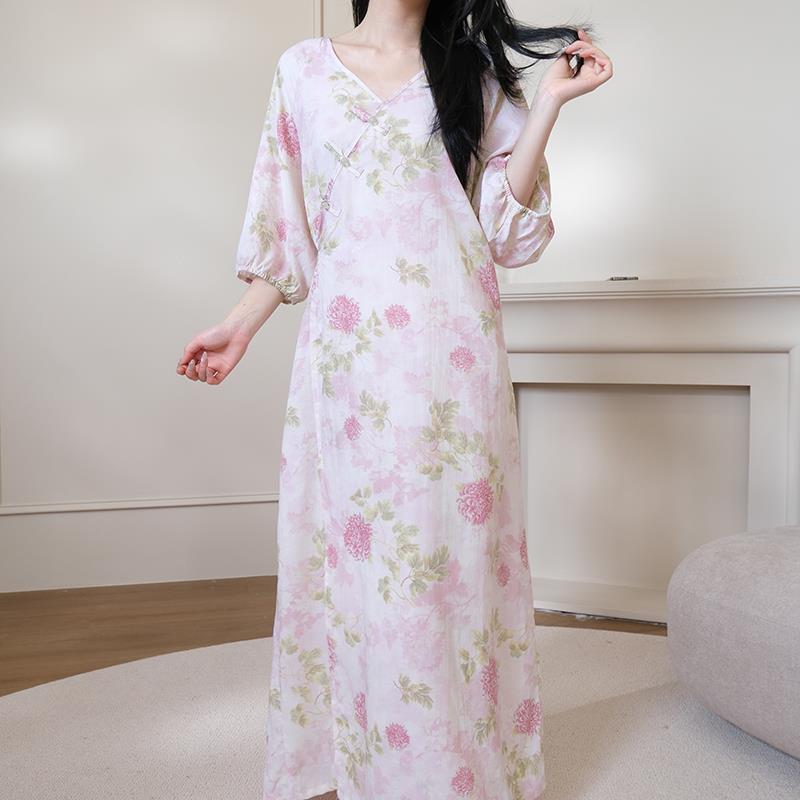 2025年新款睡裙女夏季棉绸国风新中式高级感洋装人造棉度假长裙