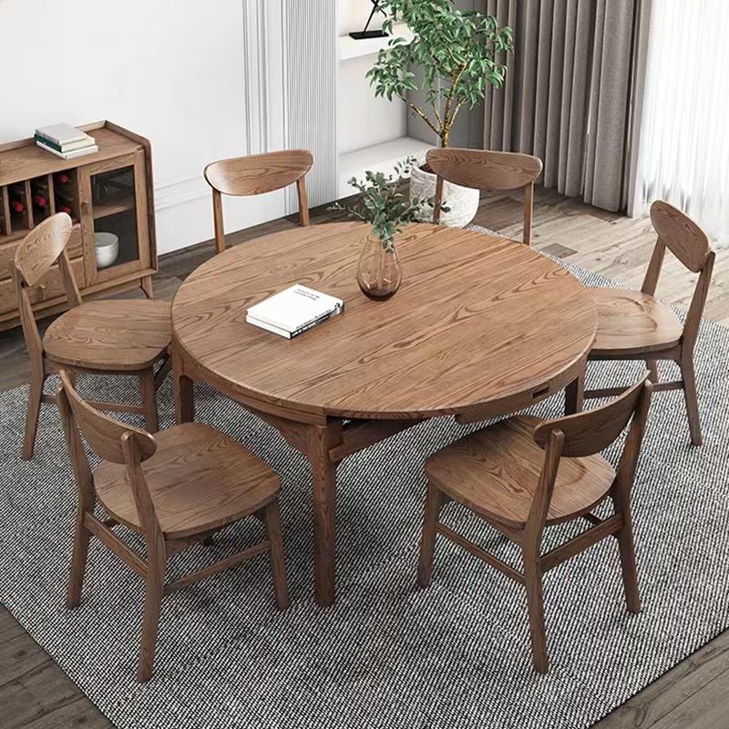 现代简约实木餐桌可伸缩饭台饭桌折叠圆形餐桌椅组合白蜡木圆餐桌