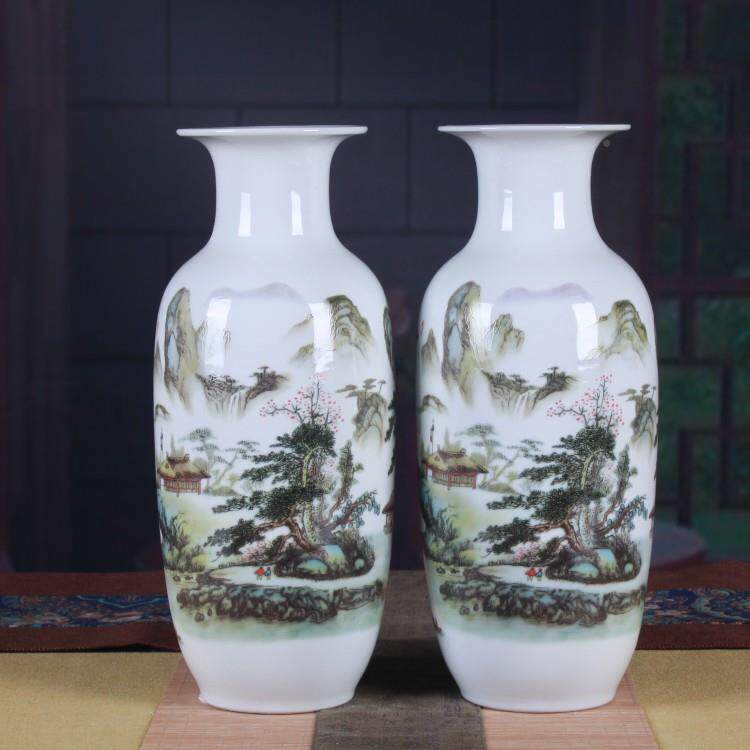 景德镇陶瓷彩花瓶粉彩釉INU上山水图冬瓜花瓶时家居尚装饰摆件