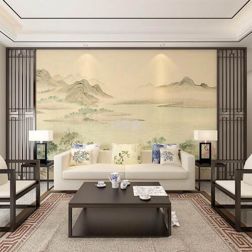 Y圎2新中式暖色电视背景墙纸壁纸客厅古典山水墙布卧室装饰影视墙