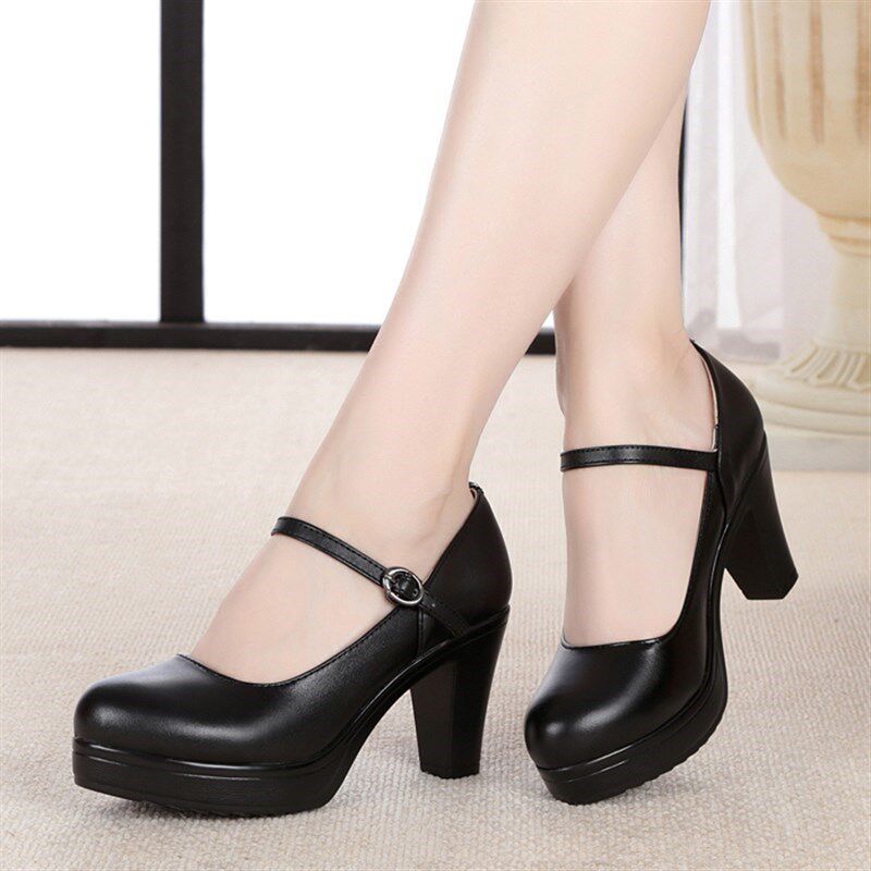 圆头浅口女鞋粗跟走步演出鞋高跟走秀模特鞋防水台职业皮鞋女单鞋