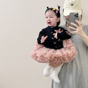 女宝宝凸凸裙套装春季蓬蓬裙儿童春秋款洋气开衫甜美蛋糕裙两件套