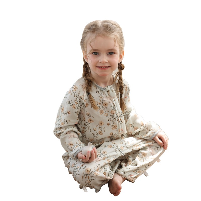 夏季双层竹棉纱布儿童睡袋开口到底防踢被空调房宝宝长袖连体衣