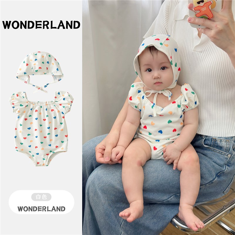 女宝宝泳衣夏季婴儿泳装夏天新款洋派新生儿小女孩连身游泳衣泳帽