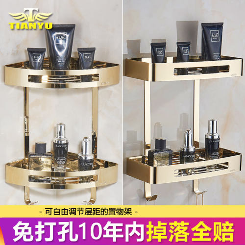 金色浴室置物架304不s锈钢转角架洗手间三角架收纳架吸壁式免打孔