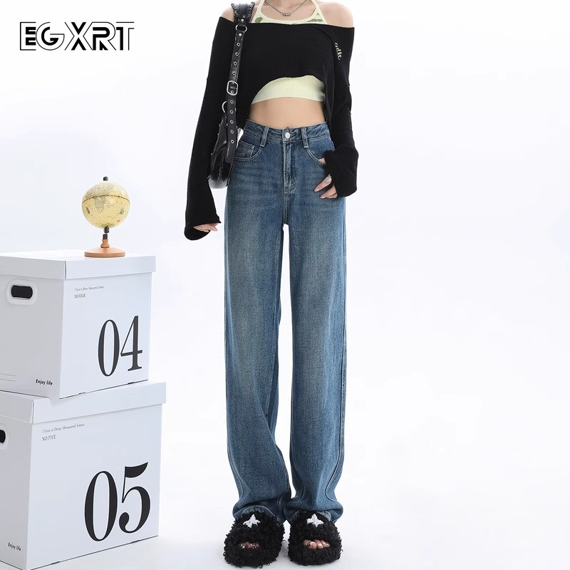 复古窄版阔腿牛仔裤女春秋季2025年新款小个子宽松显瘦高腰直筒裤