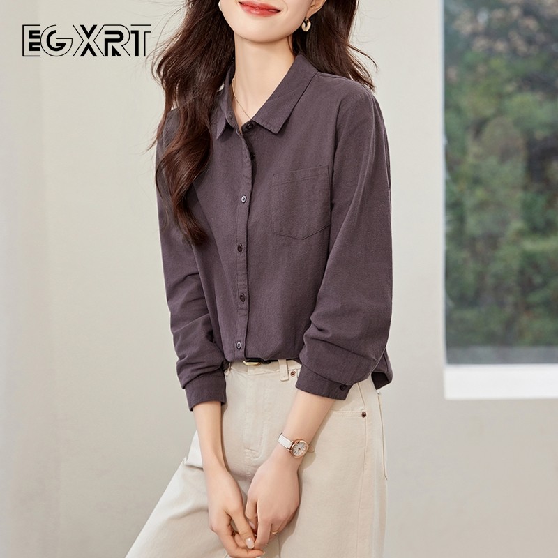 磨毛衬衫女2026春秋新款翻领复古深紫色纯棉长袖气质休闲衬衣外套
