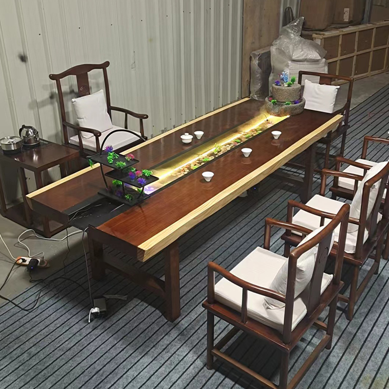 新中式流水茶桌椅组合原木禅意景观实木功夫泡茶台办公室原木茶几