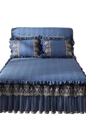 冬季加厚床裙三件套宝蓝色床罩防滑蕾丝1.8m保护套防尘罩加棉床单