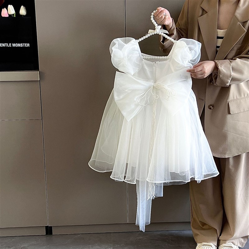 高端女童连衣裙夏装儿童白色婚纱蓬蓬纱裙生日演出礼服公主裙长裙